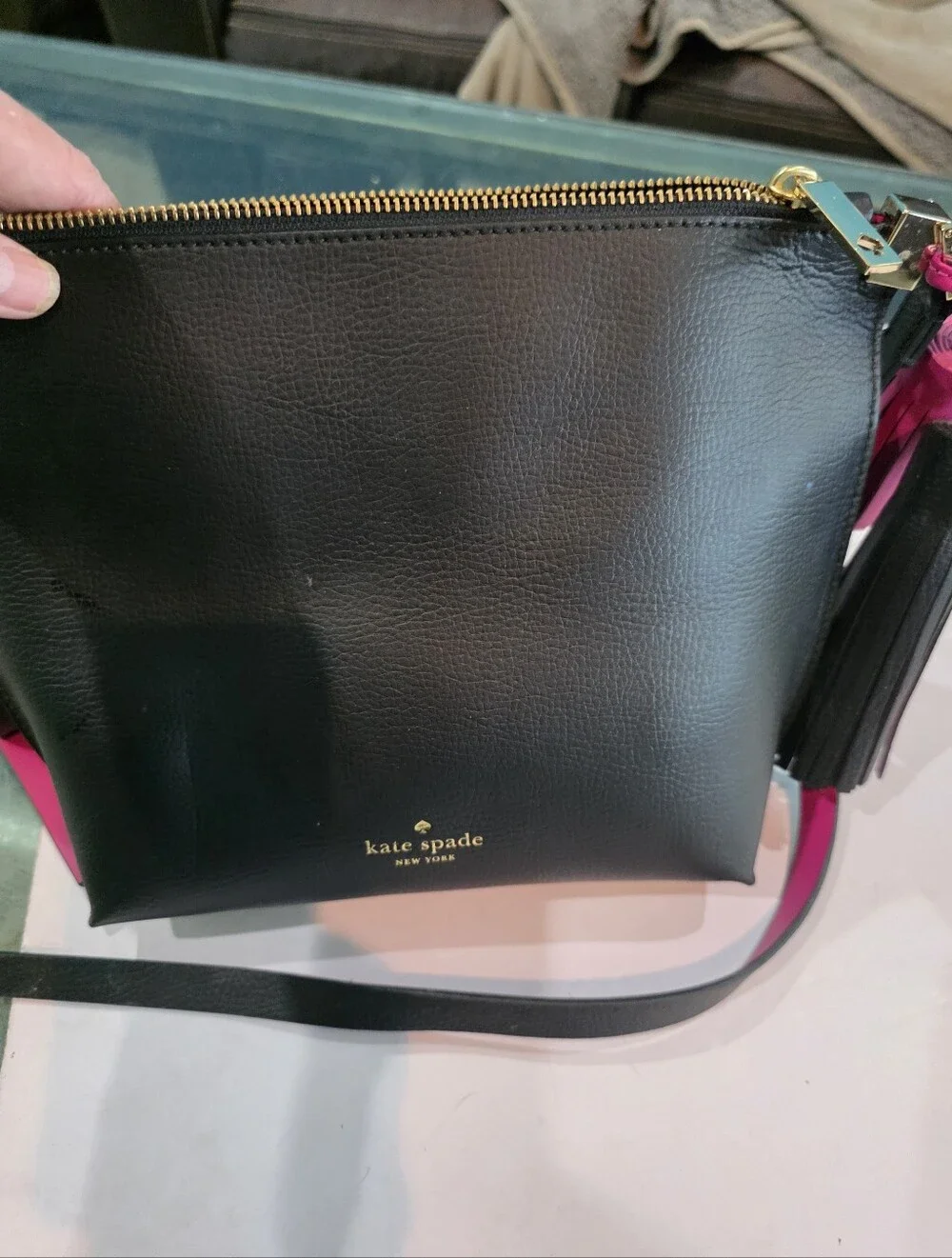 kate spade Black Leather Crossbody with Pink Strap and Gold Hardware
